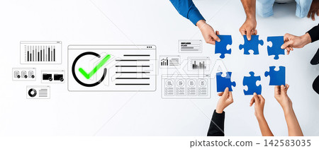 Collaboration and Teamwork in Business: People Assembling Puzzle Pieces with Data Charts and Indicators in Background. Glyphic Collaboration and Teamwork in Business: People Assembling Puzzle Pieces with Data Charts and Indicators in Background. Glyphic 142583035