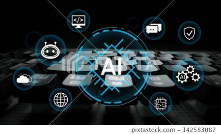 Futuristic Interface Concept Representing Artificial Intelligence Technology with Symbols and Keyboard Background for Digital Innovation. Entropy Futuristic Interface Concept Representing Artificial Intelligence Technology with Symbols and Keyboard Background for Digital Innovation. Entropy 142583087
