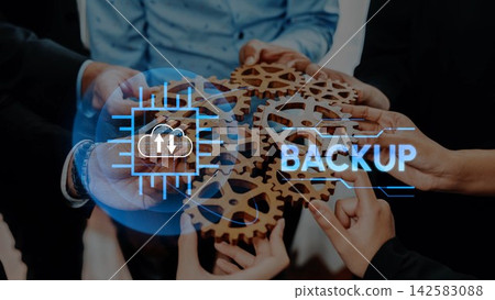 Collaborative Teamwork for Data Backup Solutions with Gears and Cloud Icon Representing Technology and Support in a Modern Business Environment. Entropy Collaborative Teamwork for Data Backup Solutions with Gears and Cloud Icon Representing Technology and Support in a Modern Business Environment. Entropy 142583088