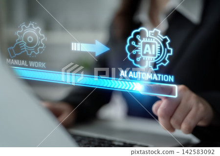 Modern Office Workflow Transformation through Artificial Intelligence Automation Technology with Manual Work to AI Integration Process Visual. Liminal Modern Office Workflow Transformation through Artificial Intelligence Automation Technology with Manual Work to AI Integration Process Visual. Liminal 142583092