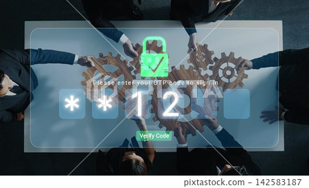 People collaborating over a digital interface, focusing on gears and OTP code input, representing modern teamwork and secure sign-in processes in technology. Sigmoid People collaborating over a digital interface, focusing on gears and OTP code input, representing modern teamwork and secure sign-in processes in technology. Sigmoid 142583187