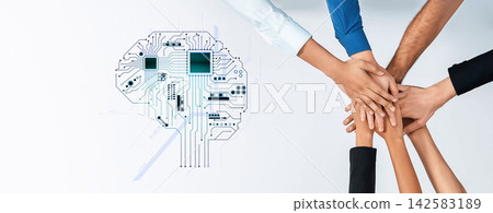 Diverse Hands Collaborating Over Digital Circuit Brain Symbolizing Teamwork and Innovation in Technology and AI Haptic Diverse Hands Collaborating Over Digital Circuit Brain Symbolizing Teamwork and Innovation in Technology and AI Haptic 142583189