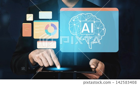 Businessman Interacting with Digital Tablet Showing Artificial Intelligence Concept and Data Visualization in Modern Office Environment Gluon Businessman Interacting with Digital Tablet Showing Artificial Intelligence Concept and Data Visualization in Modern Office Environment Gluon 142583408