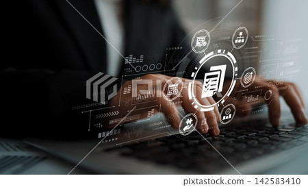 Hands on Keyboard with Digital Interface Representing Business Data Analytics and Financial Reports in Modern Workspace Setting. Entropy 142583410