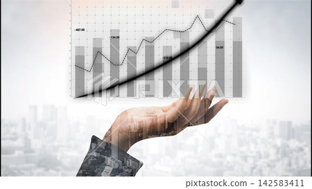 Abstract financial growth concept with human hand and upward trend graph showcasing rising investment potential and business success in modern economy Copula Abstract financial growth concept with human hand and upward trend graph showcasing rising investment potential and business success in modern economy Copula 142583411