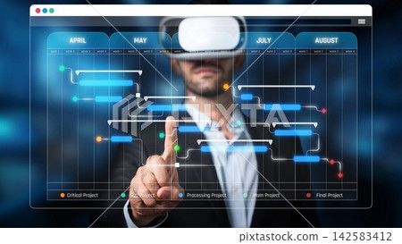 A businessman engages with virtual reality technology to interact with project timelines. This image illustrates the integration of innovation and digital tools in modern corporate planning. Sigmoid A businessman engages with virtual reality technology to interact with project timelines. This image illustrates the integration of innovation and digital tools in modern corporate planning. Sigmoid 142583412