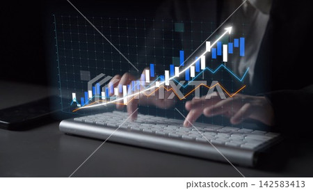 Hands on Keyboard with Graph Overlay Showing Financial Growth and Data Analysis in a Modern Office Environment Copula Hands on Keyboard with Graph Overlay Showing Financial Growth and Data Analysis in a Modern Office Environment Copula 142583413