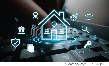 Digital Home Purchase Concept with Financial Icons and Keyboard Background for Online Real Estate Transactions and Investment Strategies Gluon Digital Home Purchase Concept with Financial Icons and Keyboard Background for Online Real Estate Transactions and Investment Strategies Gluon 142583415