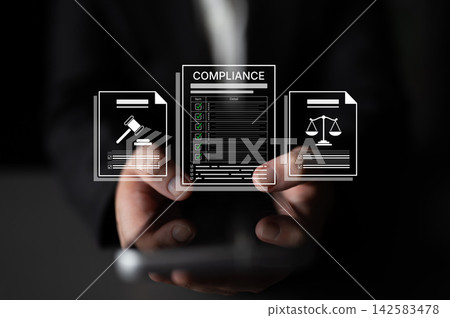 Businessman Holding Compliance Documents with Legal Icons Representing Law, Regulation, and Compliance Checks in a Professional Setting. Bitwise Businessman Holding Compliance Documents with Legal Icons Representing Law, Regulation, and Compliance Checks in a Professional Setting. Bitwise 142583478