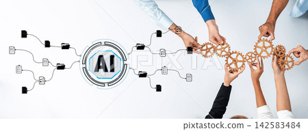 Collaborative Hands Connecting Gears and AI Symbols to Represent Innovation, Technology, and Teamwork in a Modern Workspace Quark Collaborative Hands Connecting Gears and AI Symbols to Represent Innovation, Technology, and Teamwork in a Modern Workspace Quark 142583484
