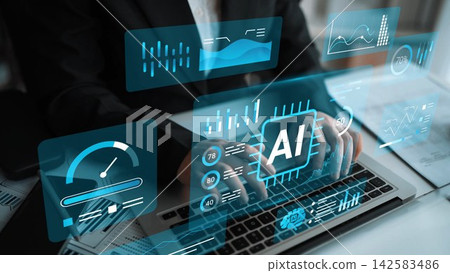 Business Professional Engaged with AI Technology on Laptop with Digital Graphs and Analytics Displayed on Screen in Modern Office Environment Gluon Business Professional Engaged with AI Technology on Laptop with Digital Graphs and Analytics Displayed on Screen in Modern Office Environment Gluon 142583486