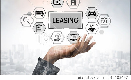Hand Reaching Out Towards Icons Representing Leasing in a Modern Business Environment with City Skyline in Background. Entropy Hand Reaching Out Towards Icons Representing Leasing in a Modern Business Environment with City Skyline in Background. Entropy 142583497
