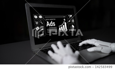 A Robotic Hand Interacting with a Laptop Displaying Digital Marketing Strategies and Growth Metrics in a Dark Environment Cyphers. A Robotic Hand Interacting with a Laptop Displaying Digital Marketing Strategies and Growth Metrics in a Dark Environment Cyphers. 142583499