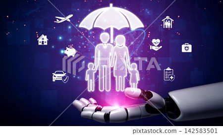 A futuristic robotic hand presents a glowing sphere symbolizing family protection, surrounded by digital icons representing health, finance, and safety in a tech-inspired atmosphere. Sigmoid A futuristic robotic hand presents a glowing sphere symbolizing family protection, surrounded by digital icons representing health, finance, and safety in a tech-inspired atmosphere. Sigmoid 142583501