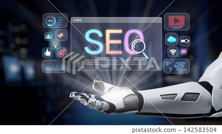 Futuristic Robot Hand Displaying SEO Concept with Digital Icons and Statistics in a Technological Ambient Environment Synapse Futuristic Robot Hand Displaying SEO Concept with Digital Icons and Statistics in a Technological Ambient Environment Synapse 142583504