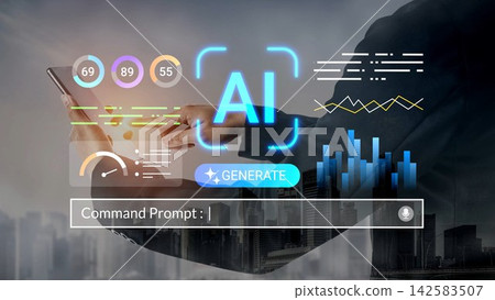 Business professional using tablet with digital graphics, AI indicators, and analytics symbols over city skyline background for modern technology themes Gluon Business professional using tablet with digital graphics, AI indicators, and analytics symbols over city skyline background for modern technology themes Gluon 142583507