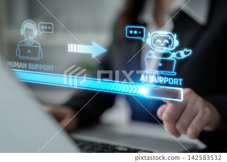 Human and AI Support Interaction in Modern Customer Service Environment with Technology Visuals and Digital Graphics. Liminal 142583532