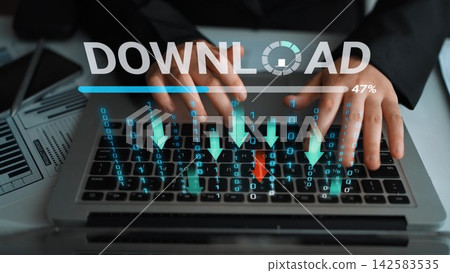 Hands Typing on Laptop with Download Animation and Data Transfer Progress Bar for Digital Technology and Internet Concepts. Entropy Hands Typing on Laptop with Download Animation and Data Transfer Progress Bar for Digital Technology and Internet Concepts. Entropy 142583535