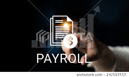 Businessman Hand with Document Icon Representing Payroll Process and Financial Growth in Background Ledger Businessman Hand with Document Icon Representing Payroll Process and Financial Growth in Background Ledger 142583537