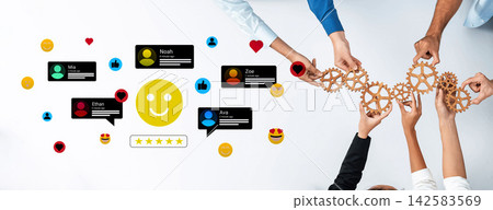 Collaborative Teamwork and Positive Engagement in a Modern Work Environment with Smiley Icons and Gears Ledger Collaborative Teamwork and Positive Engagement in a Modern Work Environment with Smiley Icons and Gears Ledger 142583569