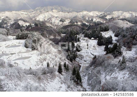 冬日鄉村景色徐徐展開，皚皚白雪覆蓋著梯田和連綿的山脈。 142583586