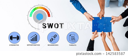 SWOT Analysis Concept with Team Collaboration and Business Strategy Elements for Growth and Improvement in Work Environment. Nascent SWOT Analysis Concept with Team Collaboration and Business Strategy Elements for Growth and Improvement in Work Environment. Nascent 142583587