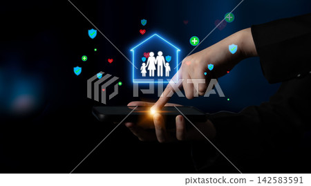 Hand Using Smartphone to Access Family Safety App with Heart and Shield Icons Representing Secure Home Care and Well-being Concept. Entropy Hand Using Smartphone to Access Family Safety App with Heart and Shield Icons Representing Secure Home Care and Well-being Concept. Entropy 142583591
