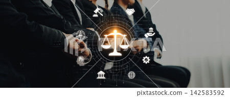 People in Formal Attire Attending a Legal Discussion with Digital Scales of Justice and Technology Icons in a Modern Office Setting Trope People in Formal Attire Attending a Legal Discussion with Digital Scales of Justice and Technology Icons in a Modern Office Setting Trope 142583592