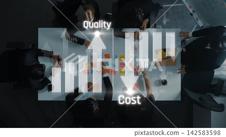Business professionals analyzing metrics in a modern workspace with graphs illustrating quality versus cost dynamics for strategic decision-making. Raster Business professionals analyzing metrics in a modern workspace with graphs illustrating quality versus cost dynamics for strategic decision-making. Raster 142583598