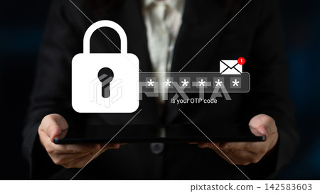Secure online transaction concept with a person holding a tablet displaying a lock symbol and an OTP code notification from an email in a business environment Gantry Secure online transaction concept with a person holding a tablet displaying a lock symbol and an OTP code notification from an email in a business environment Gantry 142583603