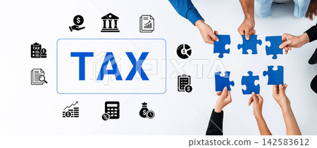 Collaborative Effort in Tax Preparation with Hands Assembling Puzzle Pieces and Financial Icons on a White Background Cyphers. Collaborative Effort in Tax Preparation with Hands Assembling Puzzle Pieces and Financial Icons on a White Background Cyphers. 142583612