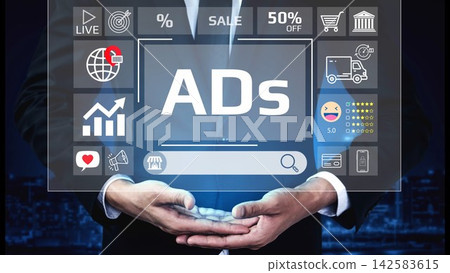 Businessman presenting digital advertising concepts with graphical elements and promotion symbols, showcasing online marketing strategies and growth opportunities. Entropy Businessman presenting digital advertising concepts with graphical elements and promotion symbols, showcasing online marketing strategies and growth opportunities. Entropy 142583615
