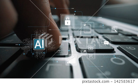 Close-Up of Hand Pressing Key on Laptop Keyboard with AI Icons and Digital Elements Representing Technology and Innovation in Modern Computing Gluon Close-Up of Hand Pressing Key on Laptop Keyboard with AI Icons and Digital Elements Representing Technology and Innovation in Modern Computing Gluon 142583617
