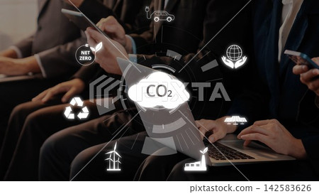 Business Meeting on Environmental Technology with Focus on Carbon Emissions and Sustainability Solutions in Modern Corporate Setting. Raster Business Meeting on Environmental Technology with Focus on Carbon Emissions and Sustainability Solutions in Modern Corporate Setting. Raster 142583626