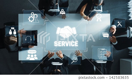 Business Team Collaborating on Service Development with Digital Icons and Data Visualization for Enhanced Customer Experience Strategies. Raster Business Team Collaborating on Service Development with Digital Icons and Data Visualization for Enhanced Customer Experience Strategies. Raster 142583635