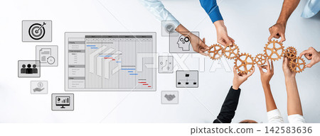Collaborative Business Strategy Development with Tools and Gears Illustrating Teamwork, Project Management, and Success in Modern Work Environments Trope 142583636