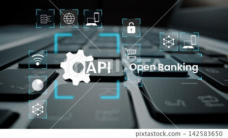 Modern keyboard with digital icons representing open banking, API integration, technology, finance, and secure transactions in a futuristic design Gluon 142583650