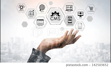 A Hand Reaching for Digital Solutions with Icons Representing Content Management System and Various Online Business Concepts. Entropy A Hand Reaching for Digital Solutions with Icons Representing Content Management System and Various Online Business Concepts. Entropy 142583652
