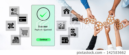 Hands Joining Together to Create Gears Representing Collaboration, Payment Success and Business Growth in Digital Finance Environment. Glyphic 142583662