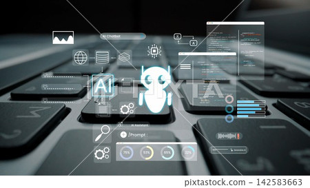 Futuristic AI Chatbot Interface with Digital Elements on Keyboard Background, Technology Concept for Innovation and Communication Gluon Futuristic AI Chatbot Interface with Digital Elements on Keyboard Background, Technology Concept for Innovation and Communication Gluon 142583663