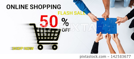 Online Shopping Flash Sale with Hands Holding a Puzzle Piece and a Shopping Cart Icon Promoting Discount Offer of 50 Percent Off on Purchases. Sentient Online Shopping Flash Sale with Hands Holding a Puzzle Piece and a Shopping Cart Icon Promoting Discount Offer of 50 Percent Off on Purchases. Sentient 142583677