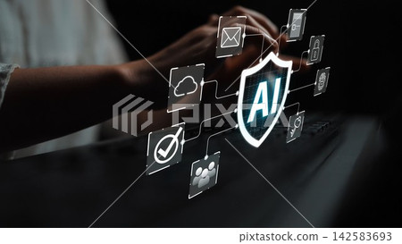 Futuristic User Interface Displaying AI Security Concept with Various Digital Icons Representing Cloud, Communication, and Data Protection. Entropy Futuristic User Interface Displaying AI Security Concept with Various Digital Icons Representing Cloud, Communication, and Data Protection. Entropy 142583693