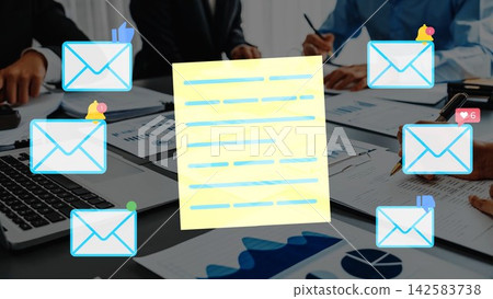 Business Communication and Collaboration in the Office with Email Notifications and Notes on a Desk Surrounded by Data Reports and Charts. Entropy Business Communication and Collaboration in the Office with Email Notifications and Notes on a Desk Surrounded by Data Reports and Charts. Entropy 142583738