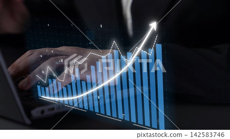 Close-up of Hands Typing on Laptop with Overlay of Digital Graph Chart Illustrating Growth and Progress in Business and Finance Concepts Copula Close-up of Hands Typing on Laptop with Overlay of Digital Graph Chart Illustrating Growth and Progress in Business and Finance Concepts Copula 142583746