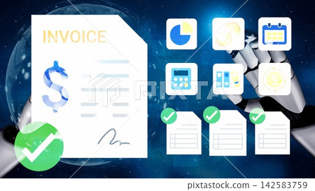 Modern robotic hand interacting with digital invoice and icons representing finance, analysis, planning, and business management in a high-tech environment Gluon Modern robotic hand interacting with digital invoice and icons representing finance, analysis, planning, and business management in a high-tech environment Gluon 142583759