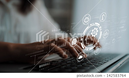 Hands Typing on Laptop with AI Interface Overlay Showcasing Technology, Digital Innovation, and Future of Artificial Intelligence Concepts. Entropy 142583764