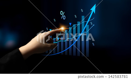 Business Professional Pointing at Increasing Graph with Percentage Symbols on Dark Background for Financial Growth and Success Concept Cyphers. Business Professional Pointing at Increasing Graph with Percentage Symbols on Dark Background for Financial Growth and Success Concept Cyphers. 142583781