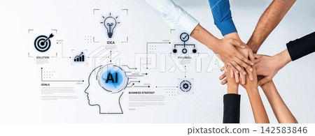 Collaborative Business Strategy and AI Concept with Hands Joining Over Creative Diagram and Icons Representing Ideas and Solutions for Growth. Nascent Collaborative Business Strategy and AI Concept with Hands Joining Over Creative Diagram and Icons Representing Ideas and Solutions for Growth. Nascent 142583846