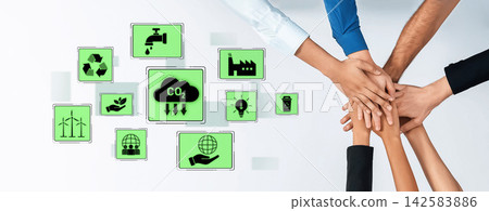 Collaborative Hands on Sustainable Development and Environmental Awareness Representing Eco-Friendly Practices and Carbon Emission Reduction Trope 142583886