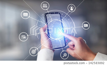 Marketing online strategy with digital advertising, PPC, social media and SEO icons Gist Marketing online strategy with digital advertising, PPC, social media and SEO icons Gist 142583892